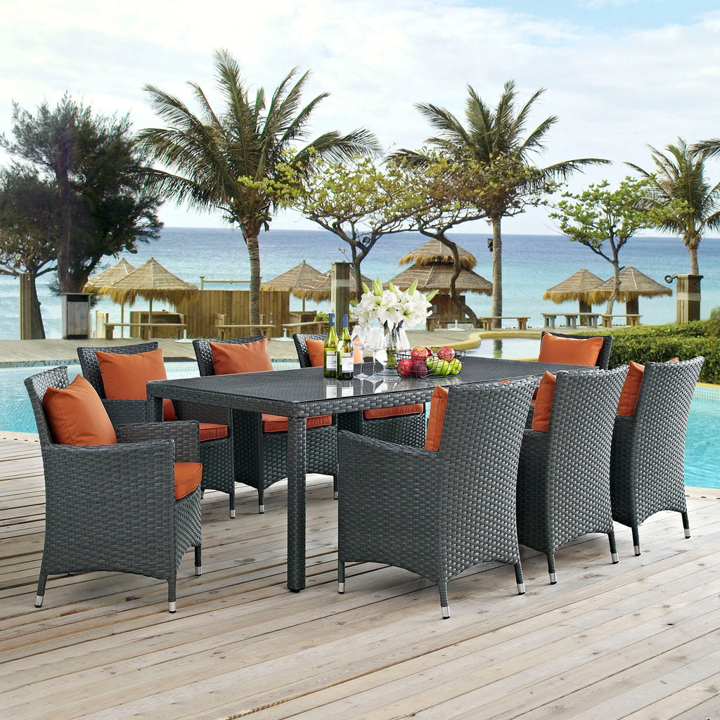 Sojourn 9 Piece Outdoor Patio Sunbrella Dining Set in Canvas Tuscan