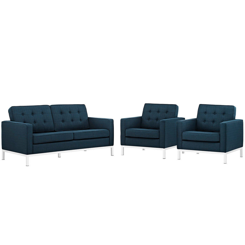 Loft Living Room Set Upholstered Fabric Set of 3 in Azure