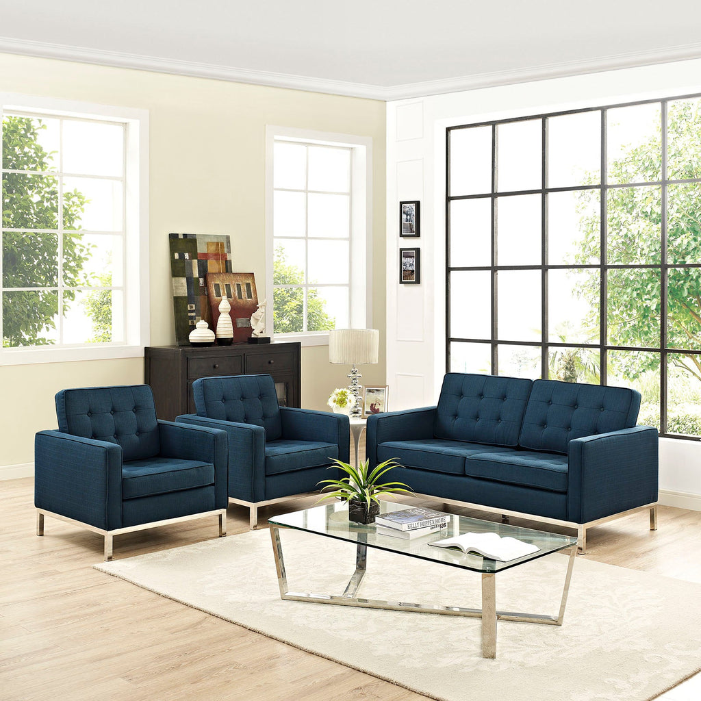 Loft Living Room Set Upholstered Fabric Set of 3 in Azure