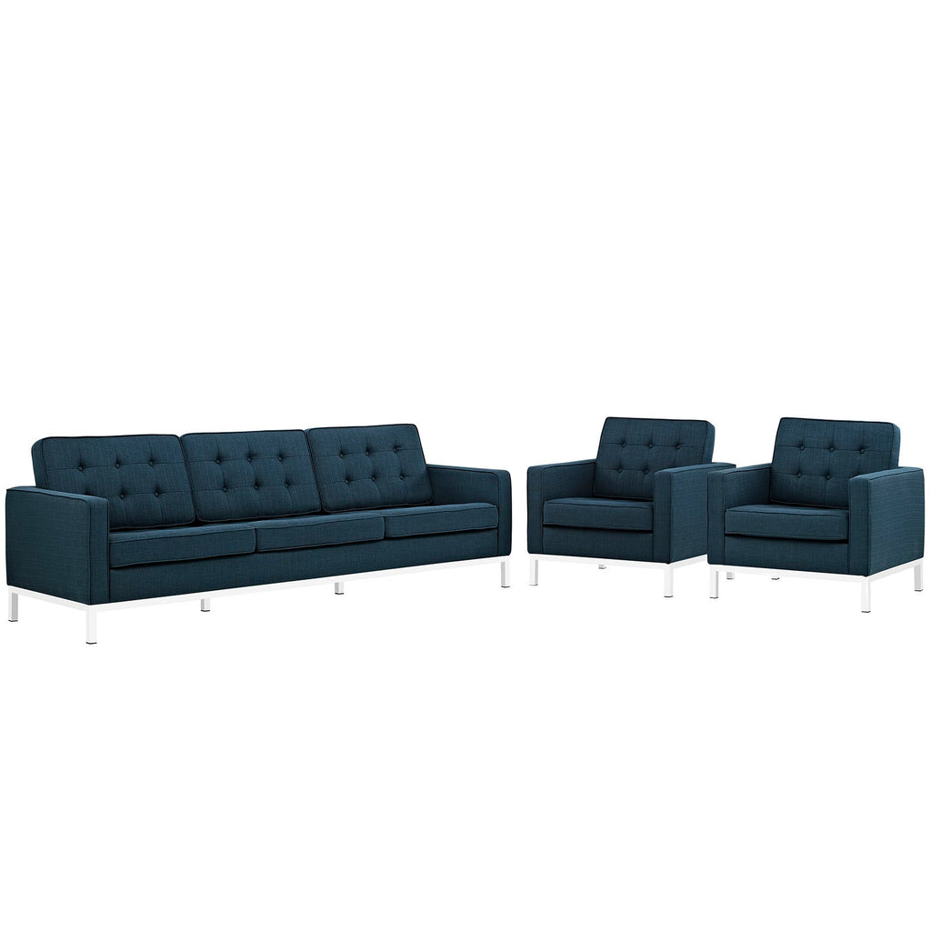 Loft 3 Piece Upholstered Fabric Sofa and Armchair Set in Azure