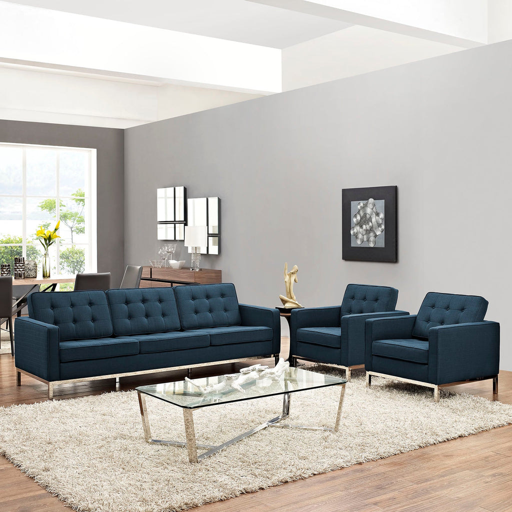 Loft 3 Piece Upholstered Fabric Sofa and Armchair Set in Azure