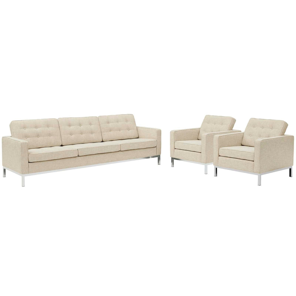 Loft 3 Piece Upholstered Fabric Sofa and Armchair Set in Beige
