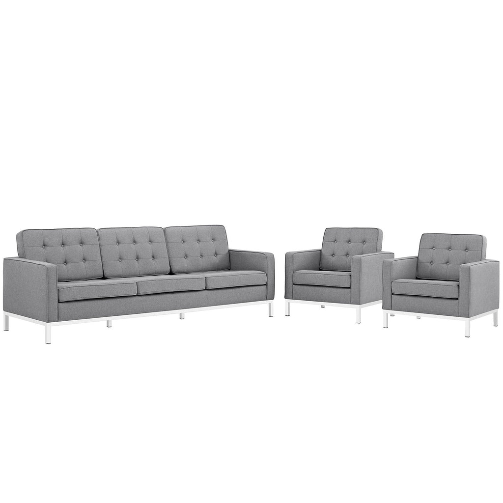 Loft 3 Piece Upholstered Fabric Sofa and Armchair Set in Light Gray
