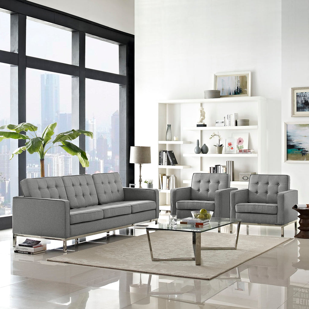 Loft 3 Piece Upholstered Fabric Sofa and Armchair Set in Light Gray