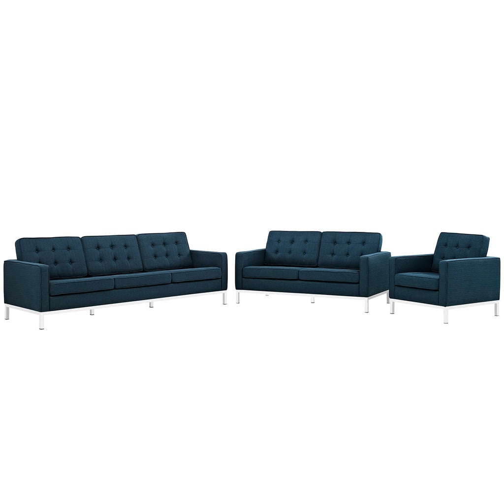 Loft 3 Piece Upholstered Fabric Sofa Loveseat and Armchair Set in Azure