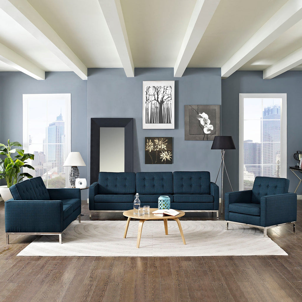 Loft 3 Piece Upholstered Fabric Sofa Loveseat and Armchair Set in Azure