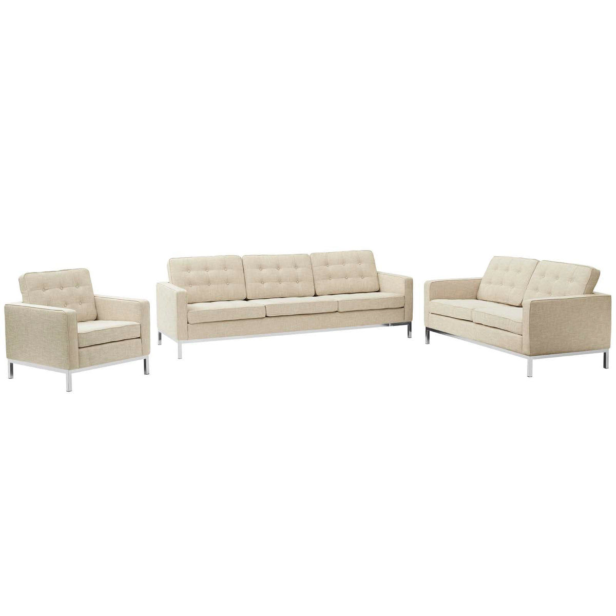 Loft 3 Piece Upholstered Fabric Sofa Loveseat and Armchair Set in Beig