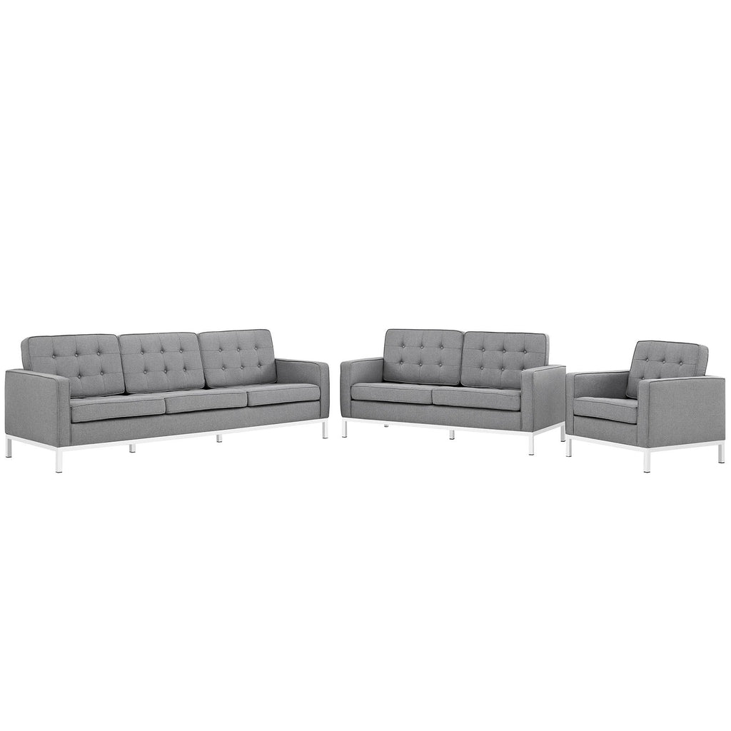 Loft 3 Piece Upholstered Fabric Sofa Loveseat and Armchair Set in Light Gray