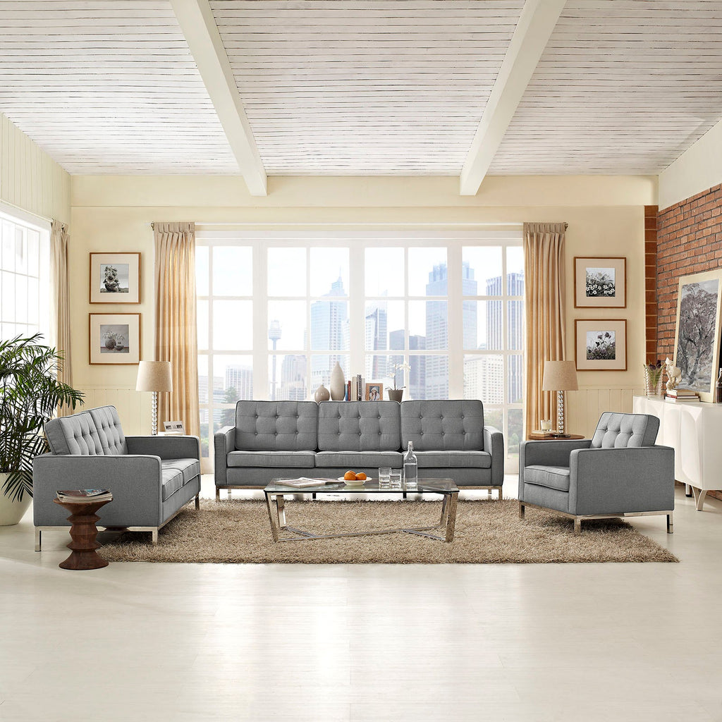 Loft 3 Piece Upholstered Fabric Sofa Loveseat and Armchair Set in Light Gray