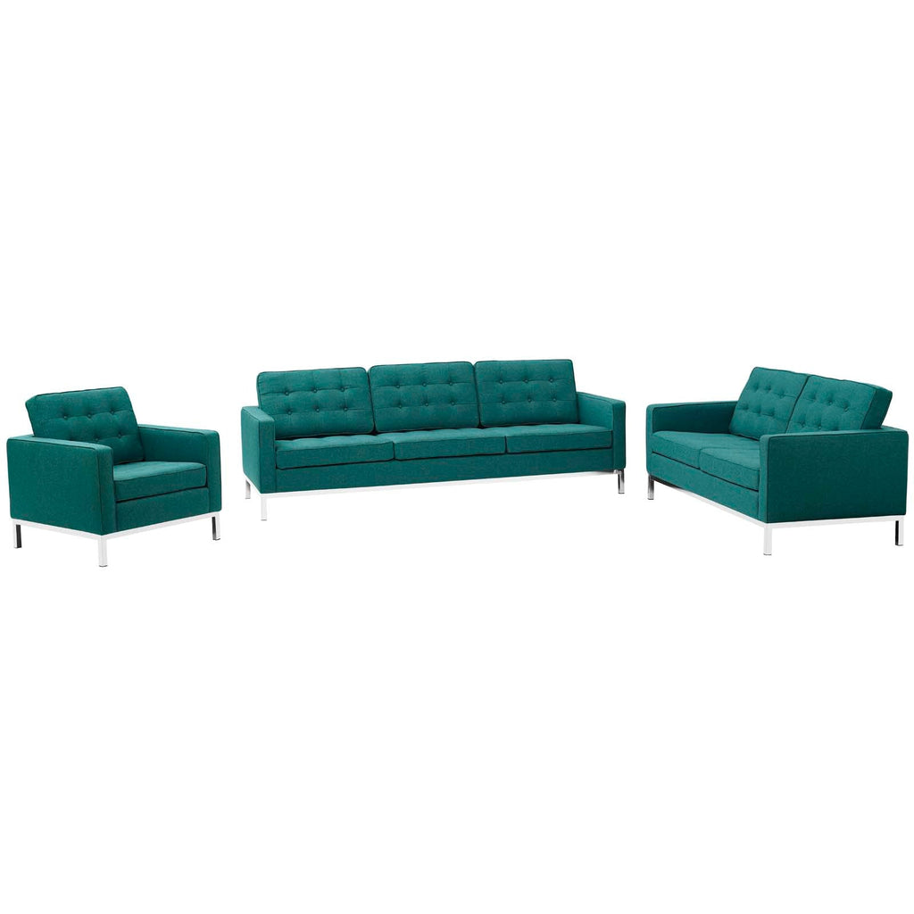 Loft 3 Piece Upholstered Fabric Sofa Loveseat and Armchair Set in Teal