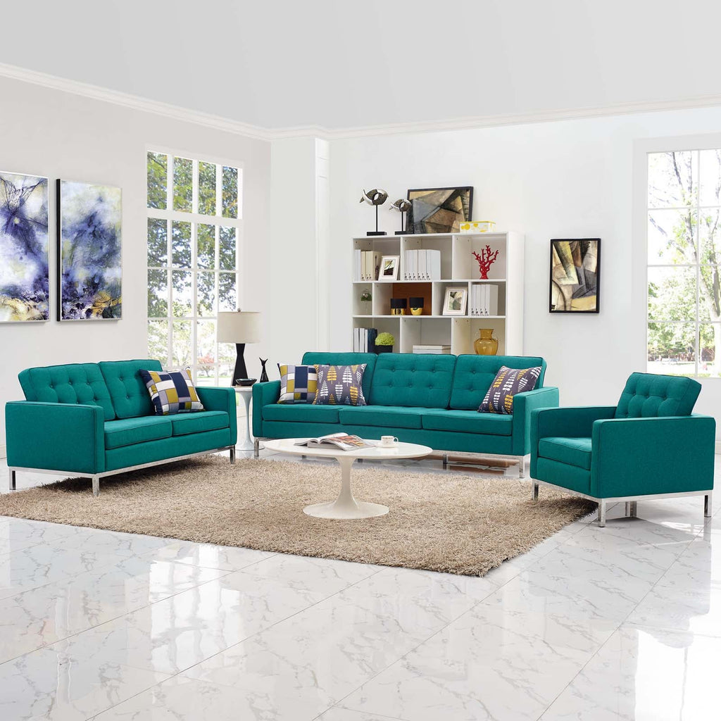 Loft 3 Piece Upholstered Fabric Sofa Loveseat and Armchair Set in Teal