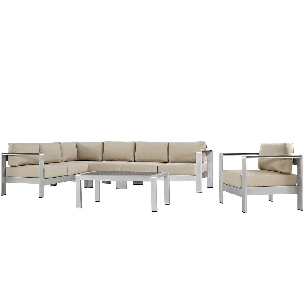 Shore 6 Piece Outdoor Patio Aluminum Sectional Sofa Set in Silver Beige-4