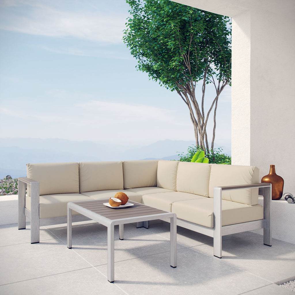 Shore 4 Piece Outdoor Patio Aluminum Sectional Sofa Set in Silver Beige-3