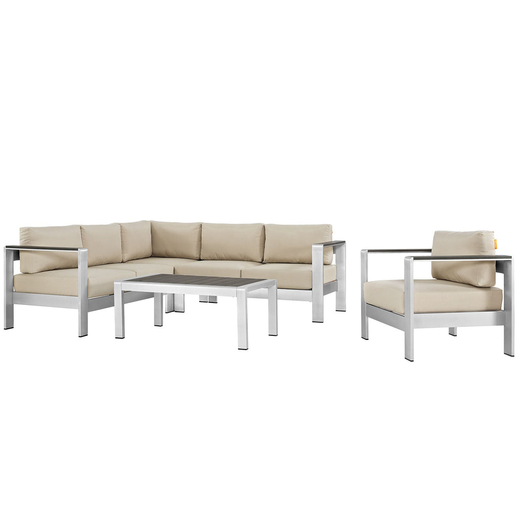 Shore 5 Piece Outdoor Patio Aluminum Sectional Sofa Set in Silver Beige-2