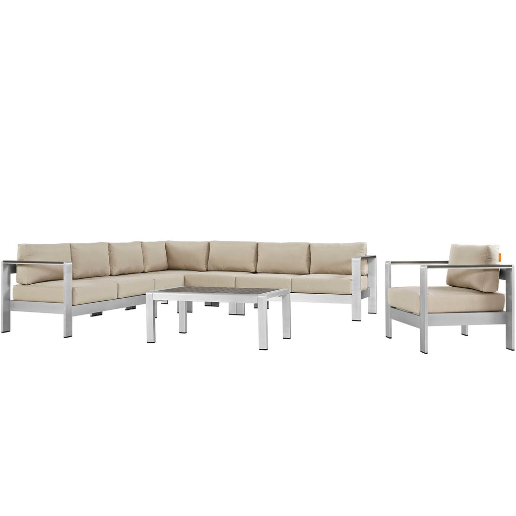 Shore 7 Piece Outdoor Patio Aluminum Sectional Sofa Set in Silver Beige