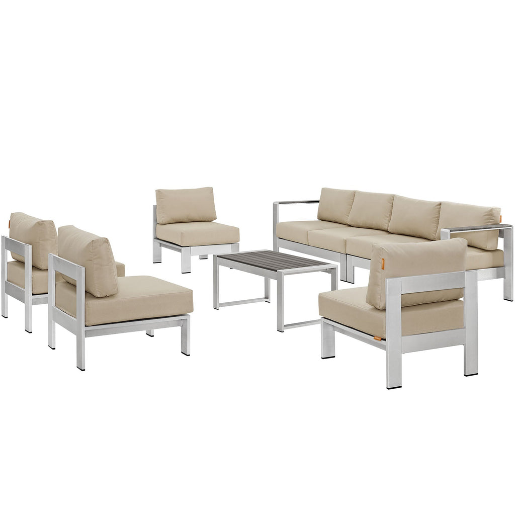 Shore 7 Piece Outdoor Patio Sectional Sofa Set in Silver Beige