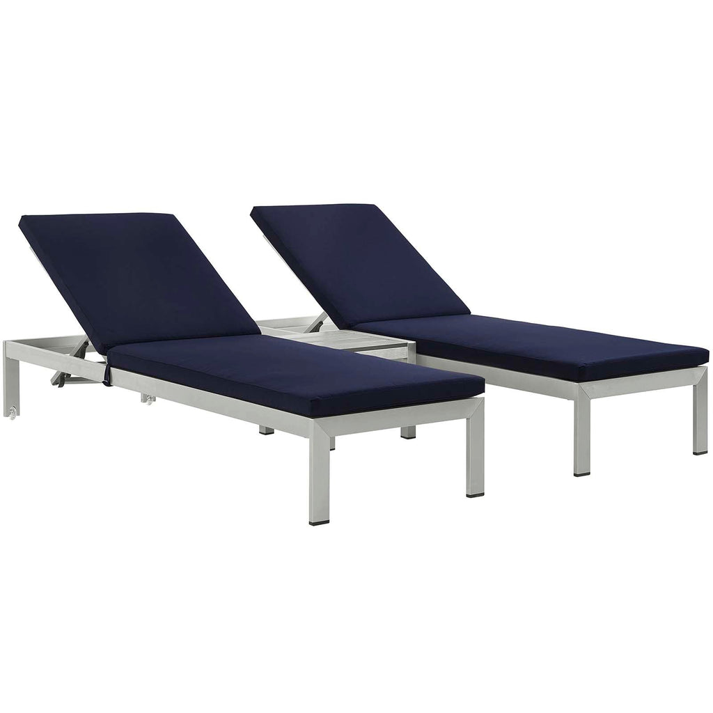 Shore 3 Piece Outdoor Patio Aluminum Chaise with Cushions in Silver Navy