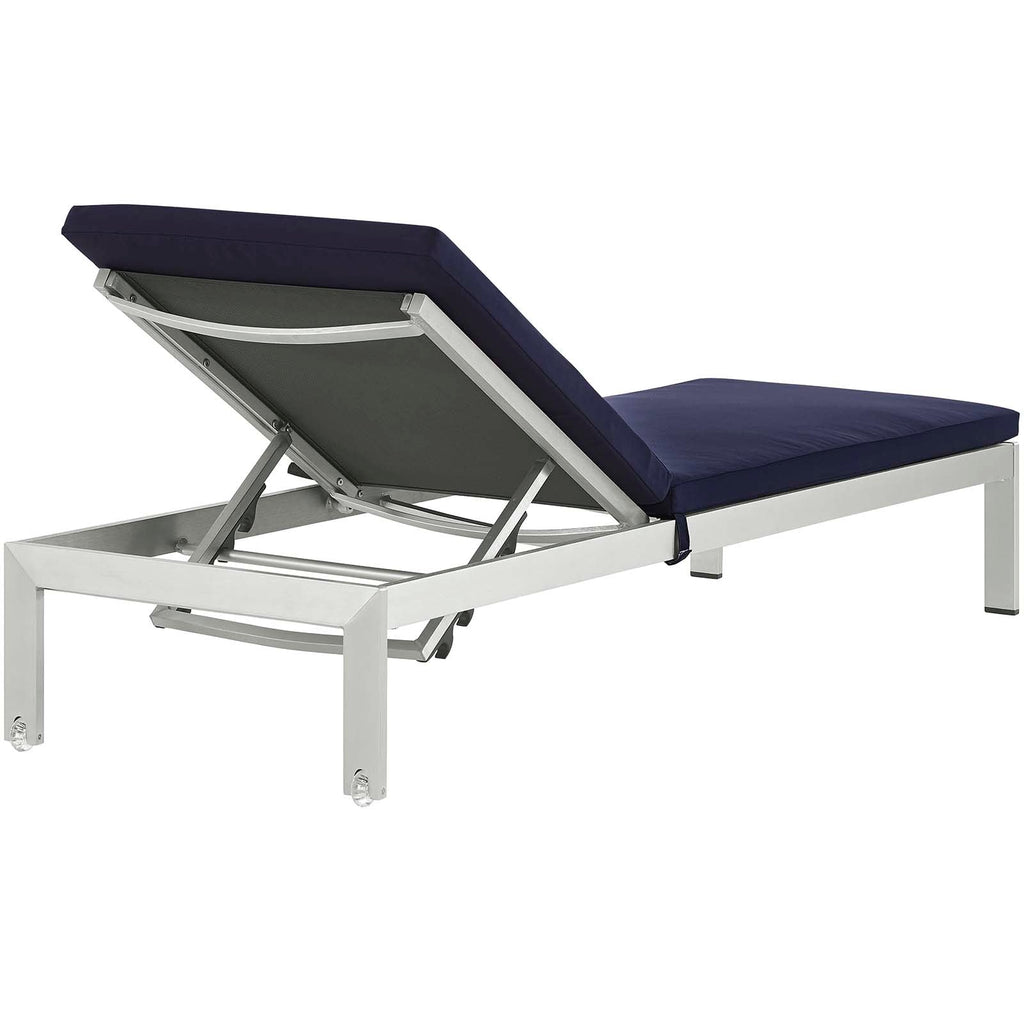 Shore 3 Piece Outdoor Patio Aluminum Chaise with Cushions in Silver Navy