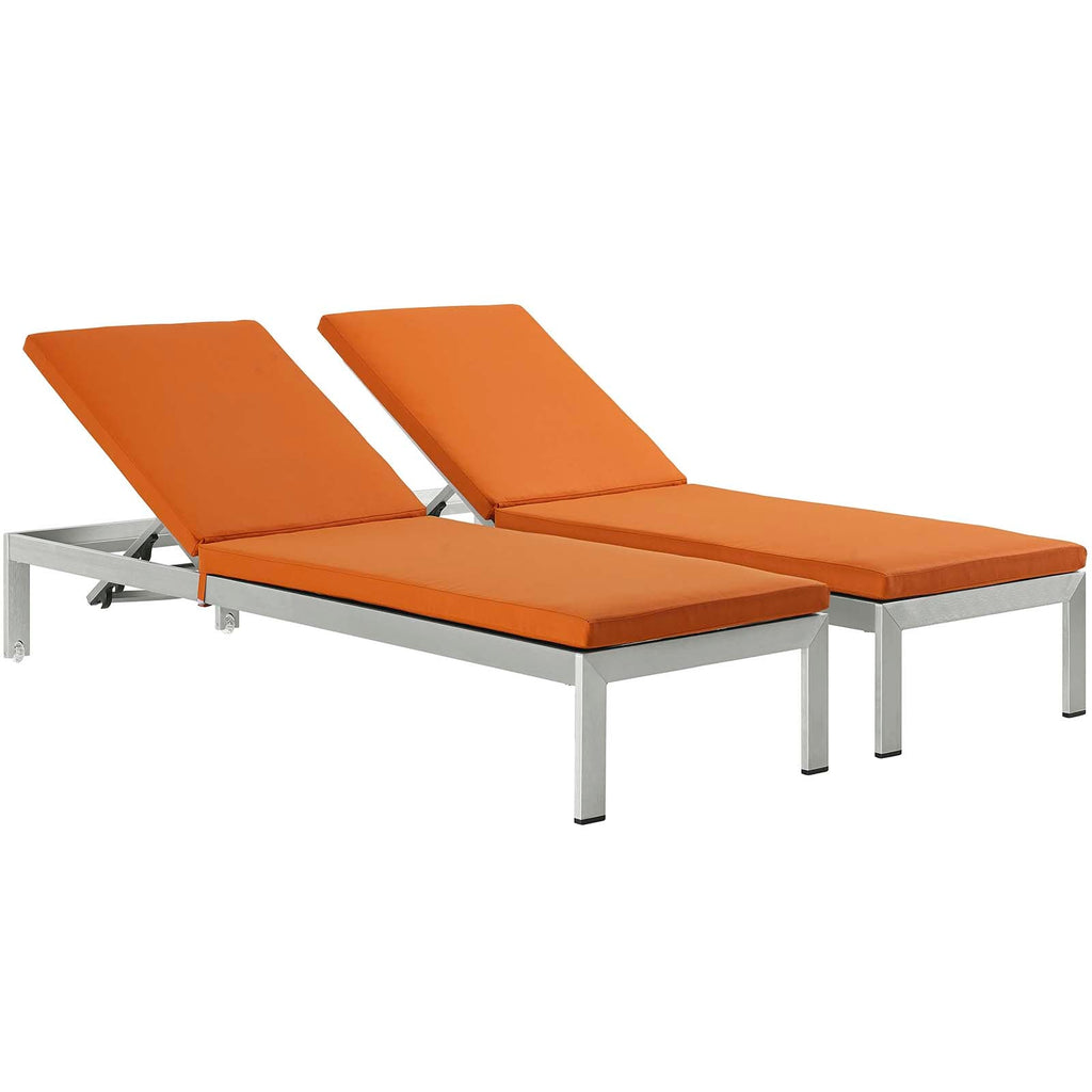 Shore Chaise with Cushions Outdoor Patio Aluminum Set of 2 in Silver Orange