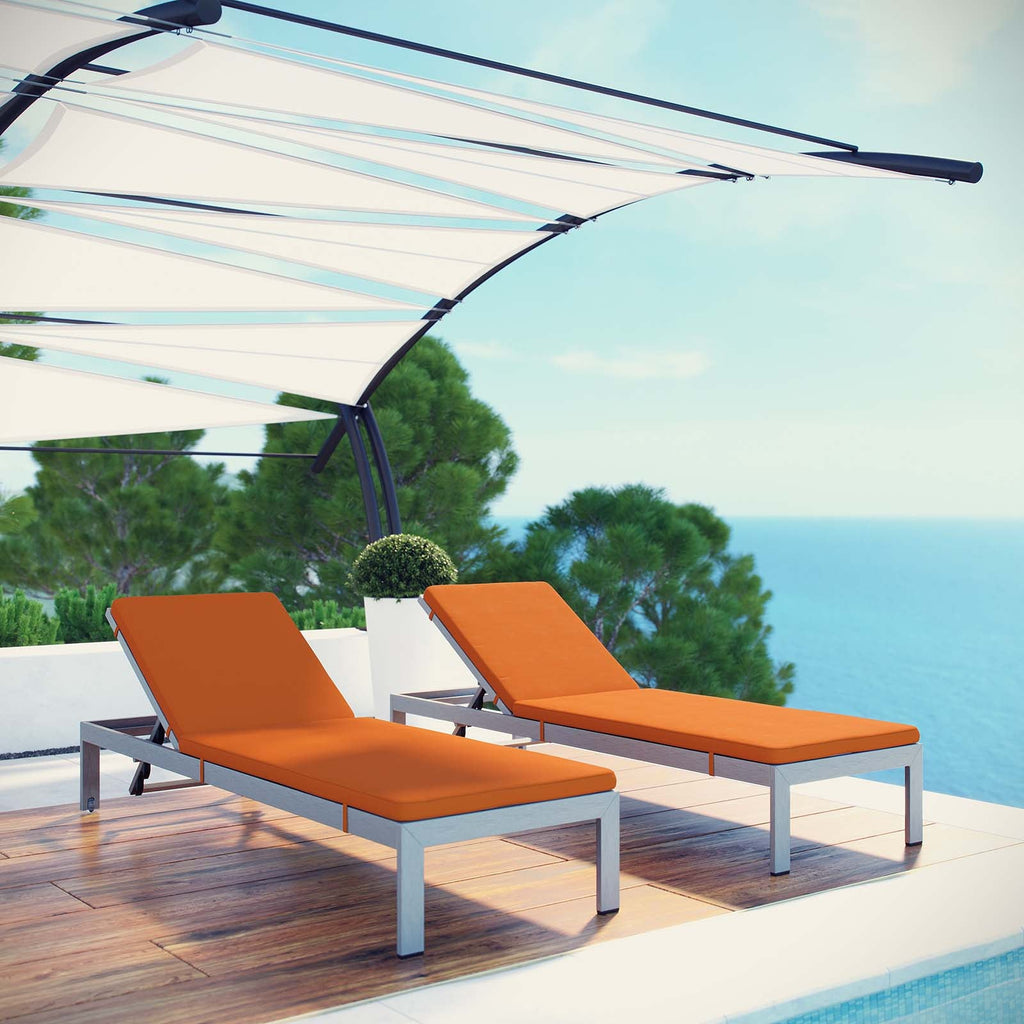 Shore Chaise with Cushions Outdoor Patio Aluminum Set of 2 in Silver Orange