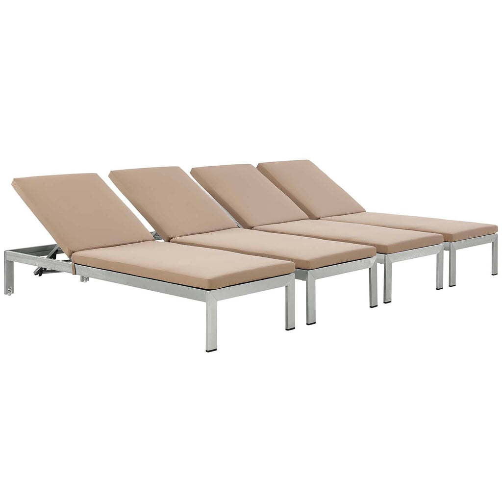 Shore Chaise with Cushions Outdoor Patio Aluminum Set of 4 in Silver Mocha