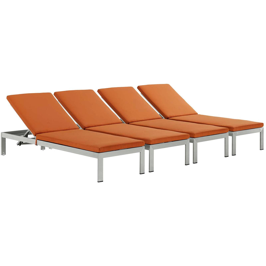 Shore Chaise with Cushions Outdoor Patio Aluminum Set of 4 in Silver Orange