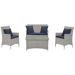 Bridge 4 Piece Outdoor Patio Patio Conversation Set with Pillow Set in Light Gray Navy