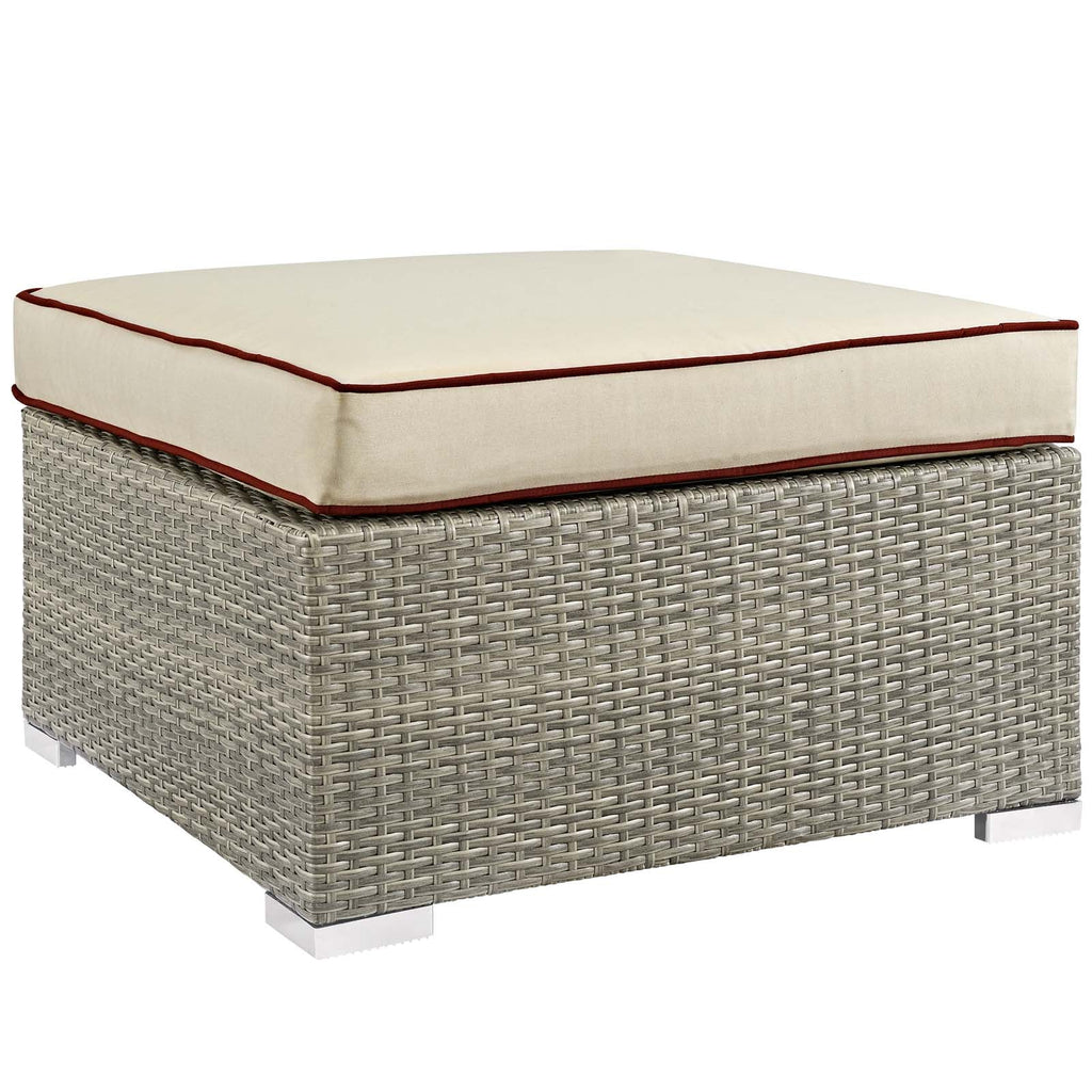 Repose Outdoor Patio Upholstered Fabric Ottoman in Light Gray Beige