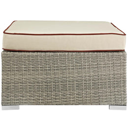 Repose Outdoor Patio Upholstered Fabric Ottoman in Light Gray Beige