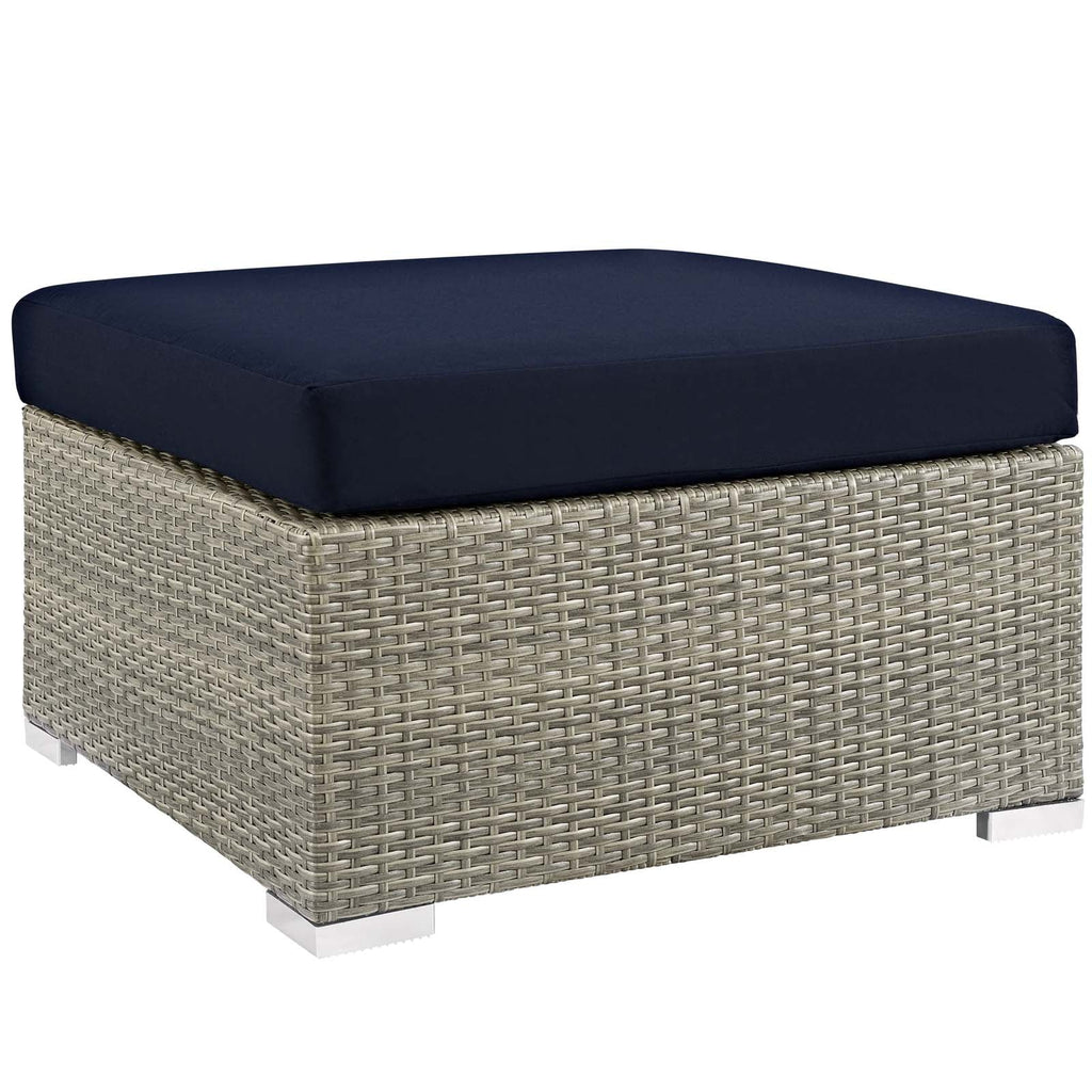 Repose Sunbrella Fabric Outdoor Patio Ottoman in Light Gray Navy