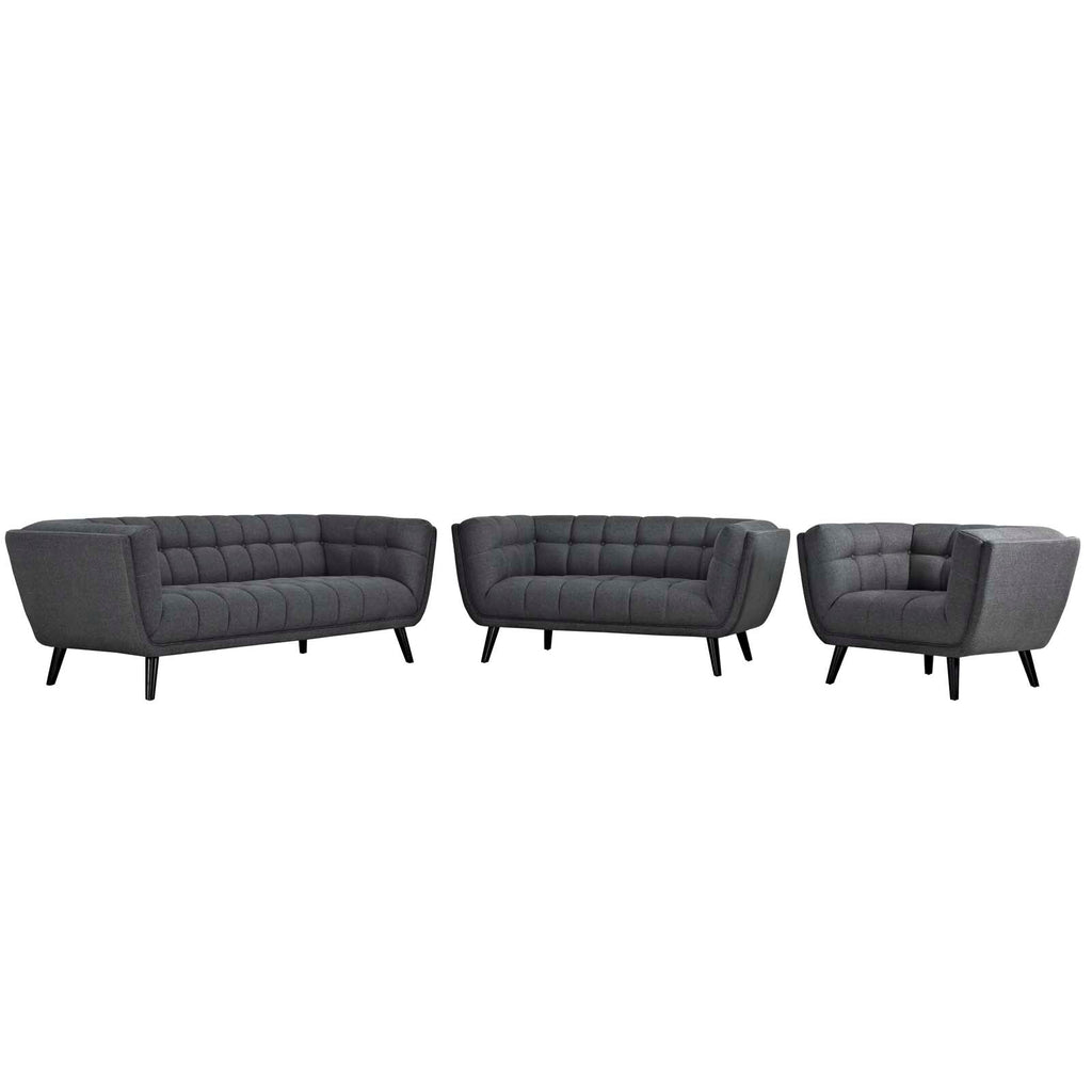 Bestow 3 Piece Upholstered Fabric Sofa Loveseat and Armchair Set in Gray