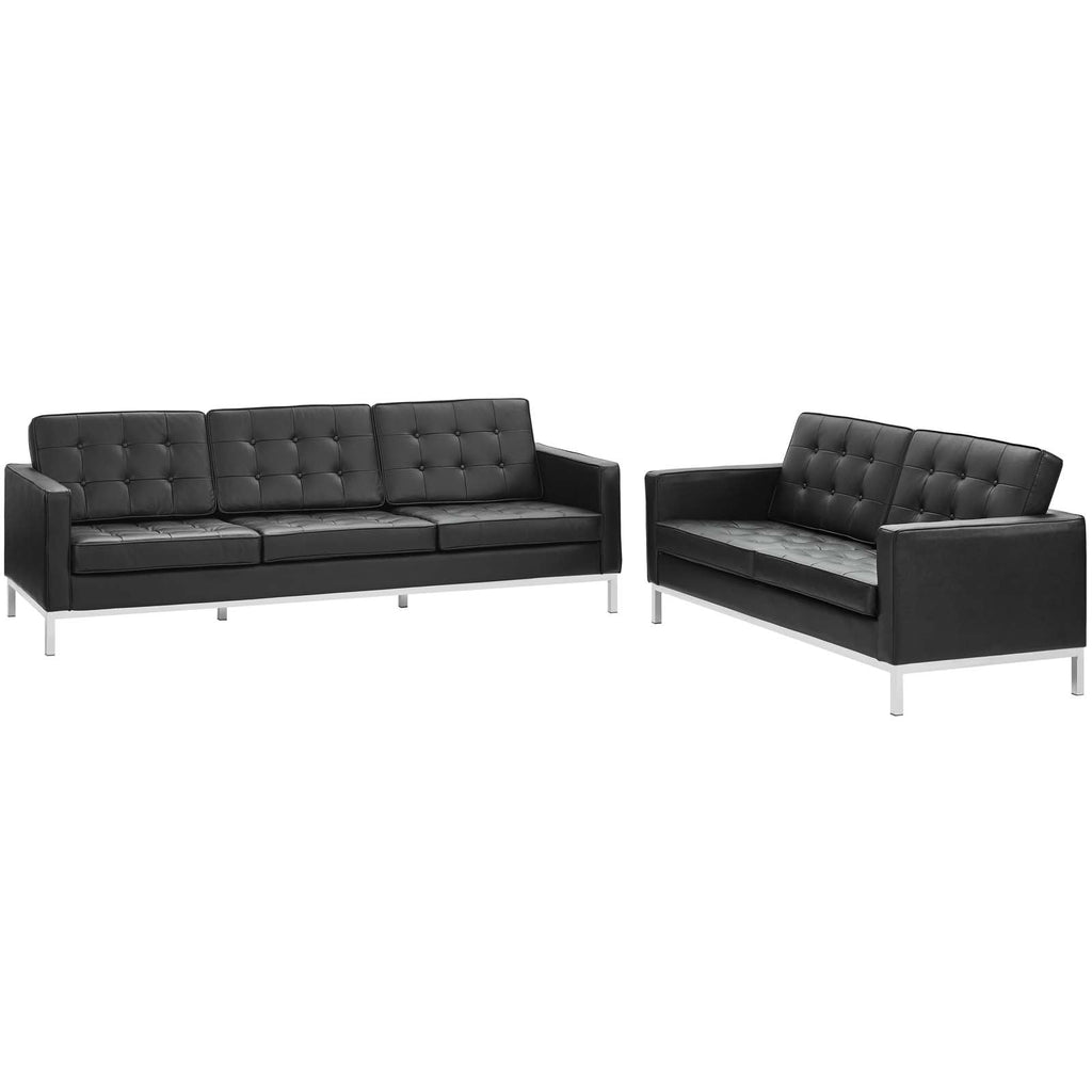 Loft 2 Piece Leather Sofa and Loveseat Set in Black