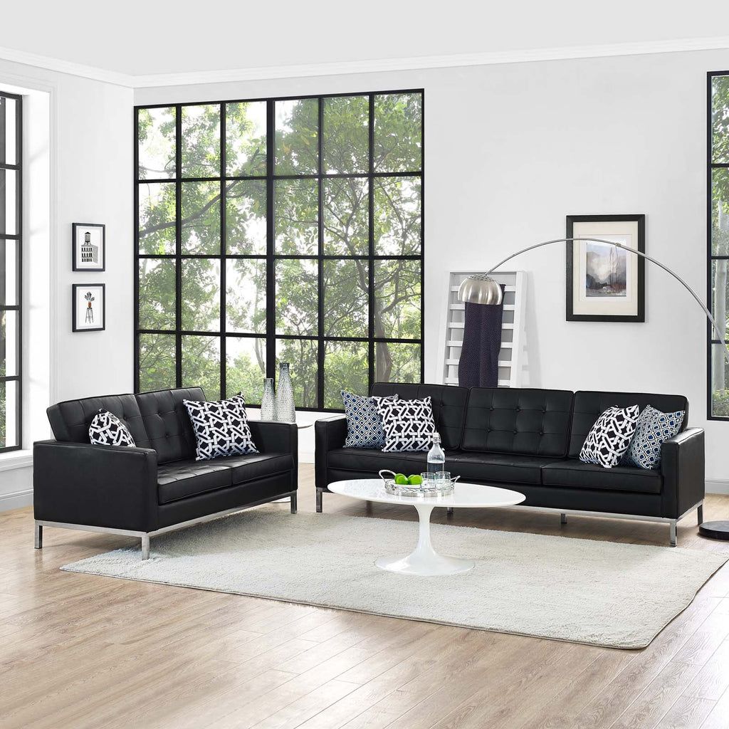 Loft 2 Piece Leather Sofa and Loveseat Set in Black