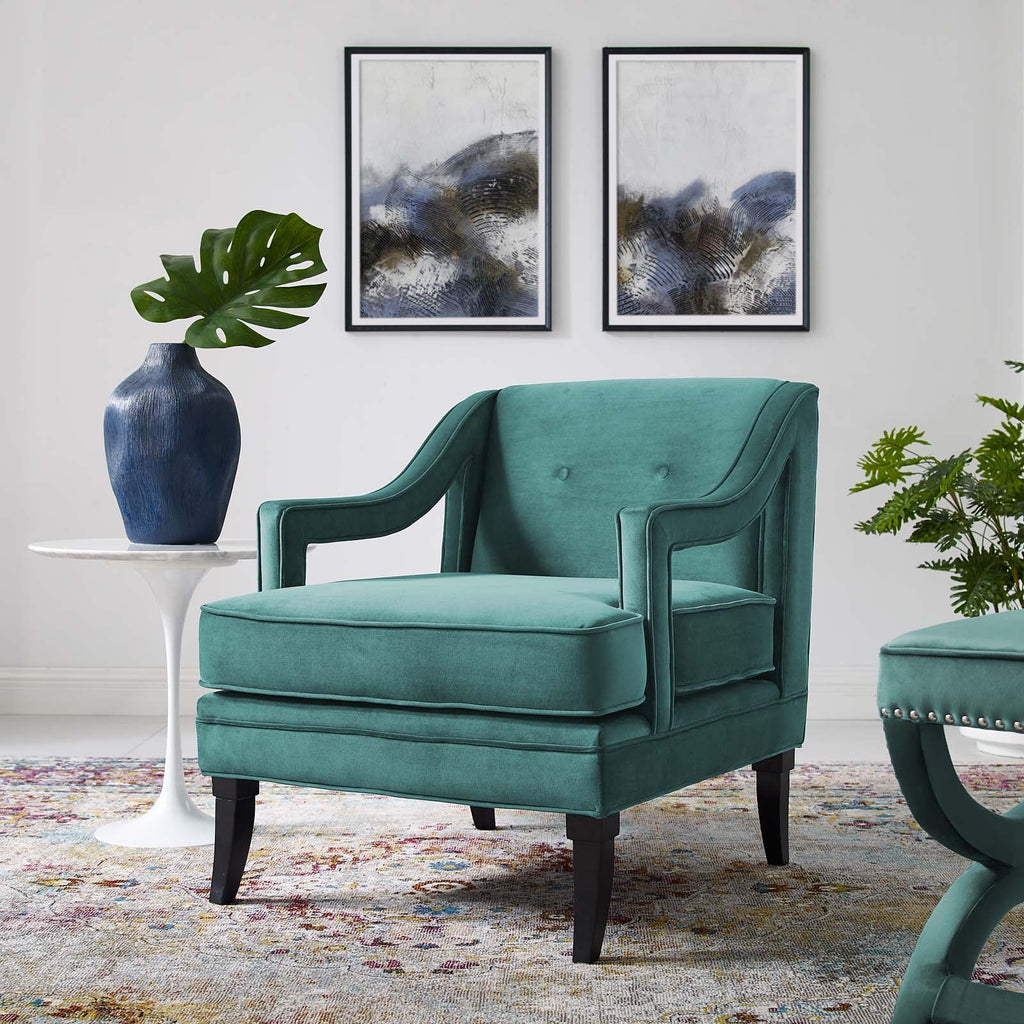 Concur Button Tufted Performance Velvet Armchair in Teal