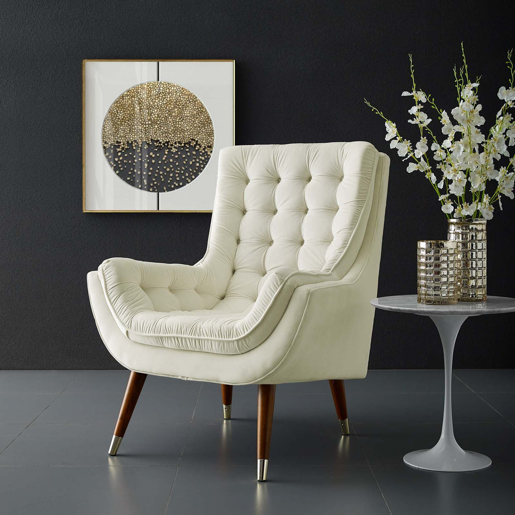 Suggest Button Tufted Performance Velvet Lounge Chair in Ivory