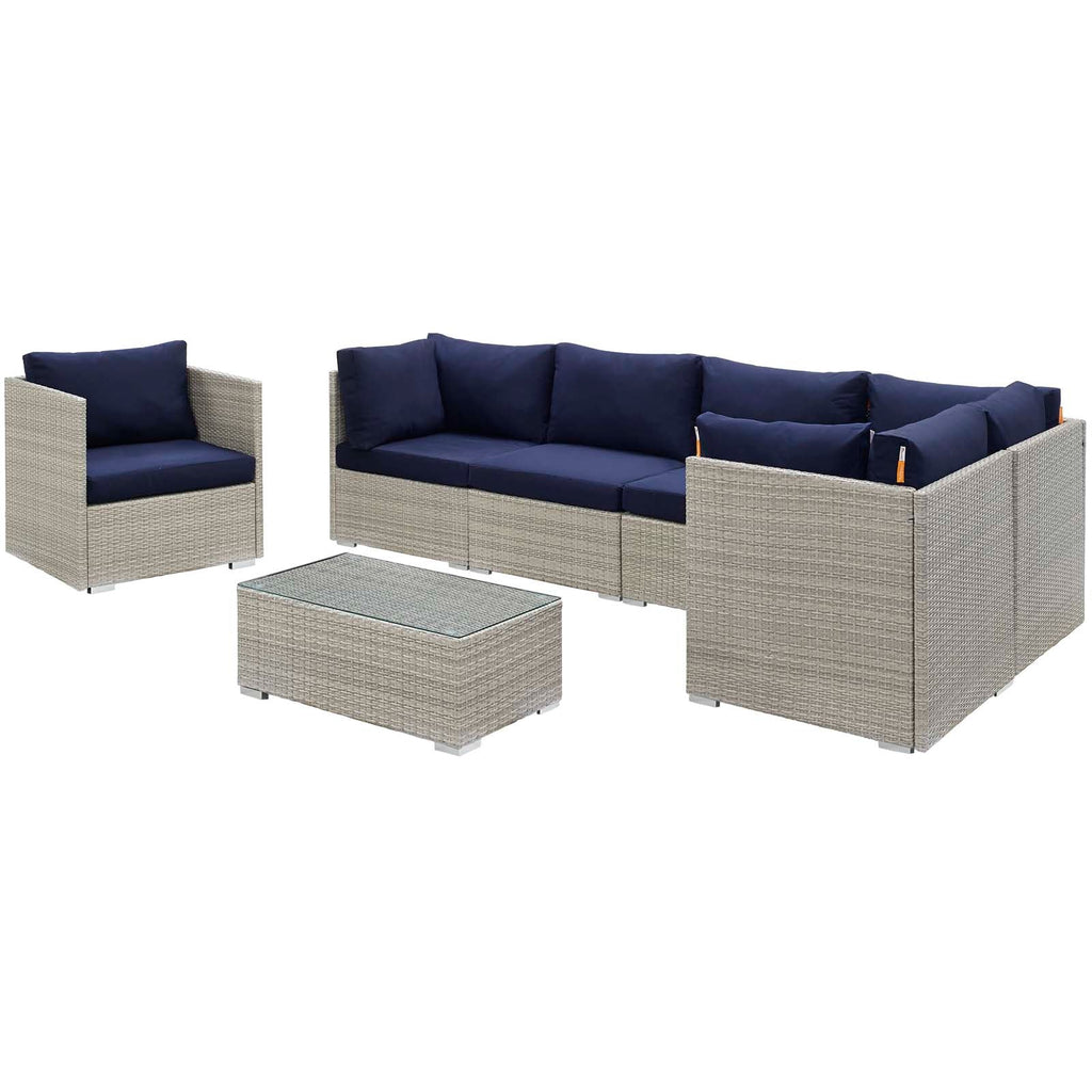 Repose 7 Piece Outdoor Patio Sunbrella Sectional Set in Light Gray Navy-1