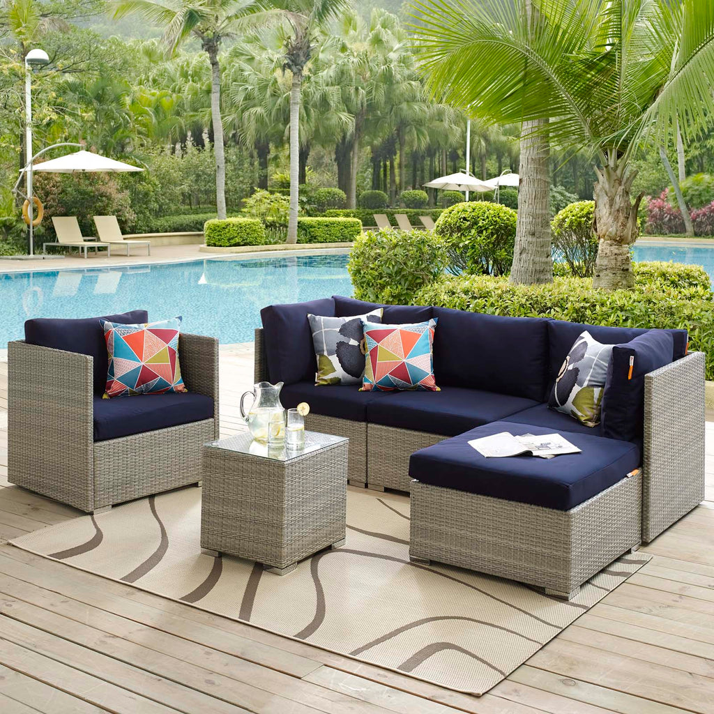 Repose 6 Piece Outdoor Patio Sunbrella Sectional Set in Light Gray Navy-2