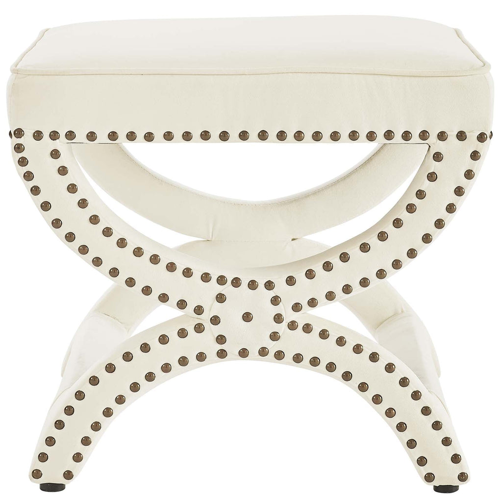 Expound Upholstered Nailhead Trim Performance Velvet Ottoman in Ivory