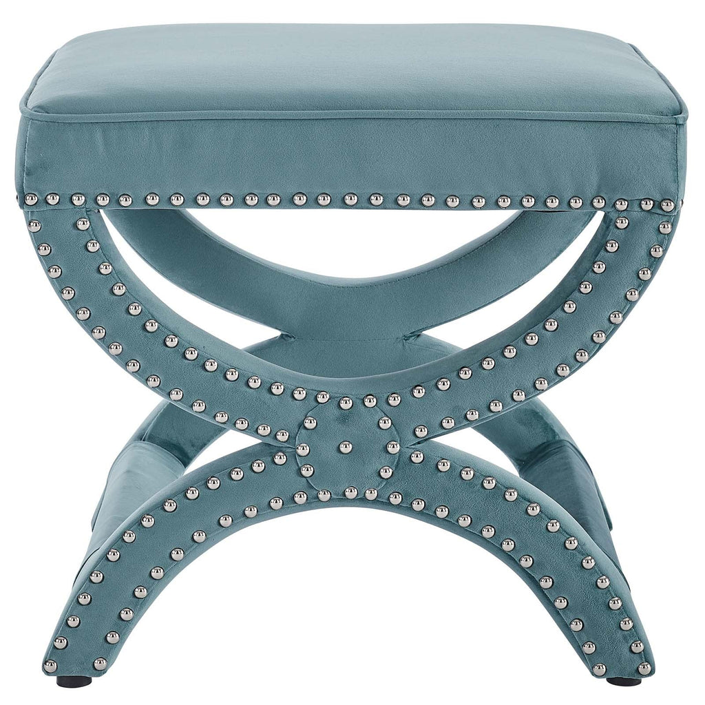 Expound Upholstered Nailhead Trim Performance Velvet Ottoman in Sea Blue