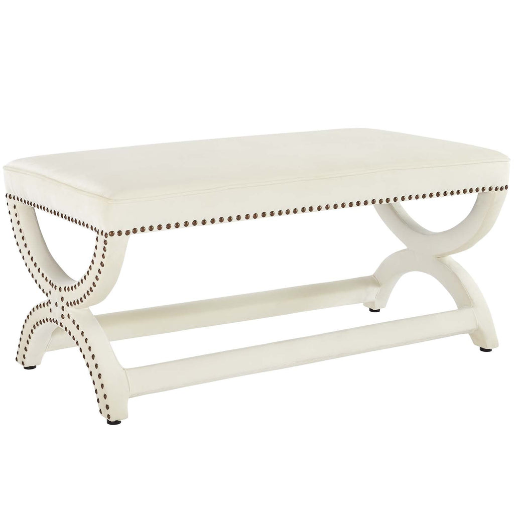 Expound Upholstered Nailhead Trim Performance Velvet Bench in Ivory