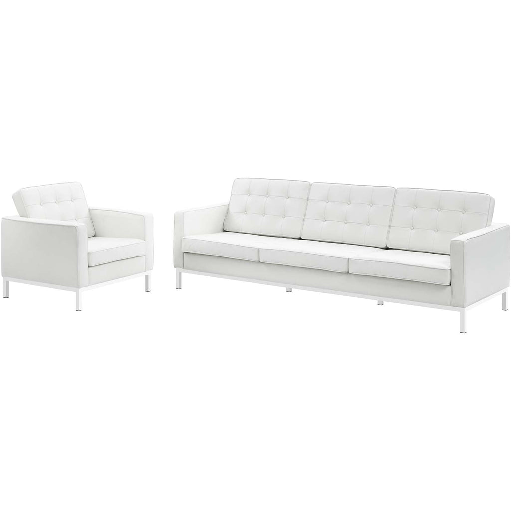 Loft 2 Piece Leather Sofa and Armchair Set in Cream White