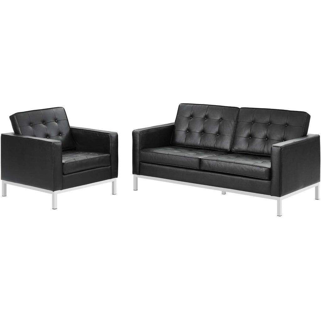 Loft 2 Piece Leather Loveseat and Armchair Set in Black