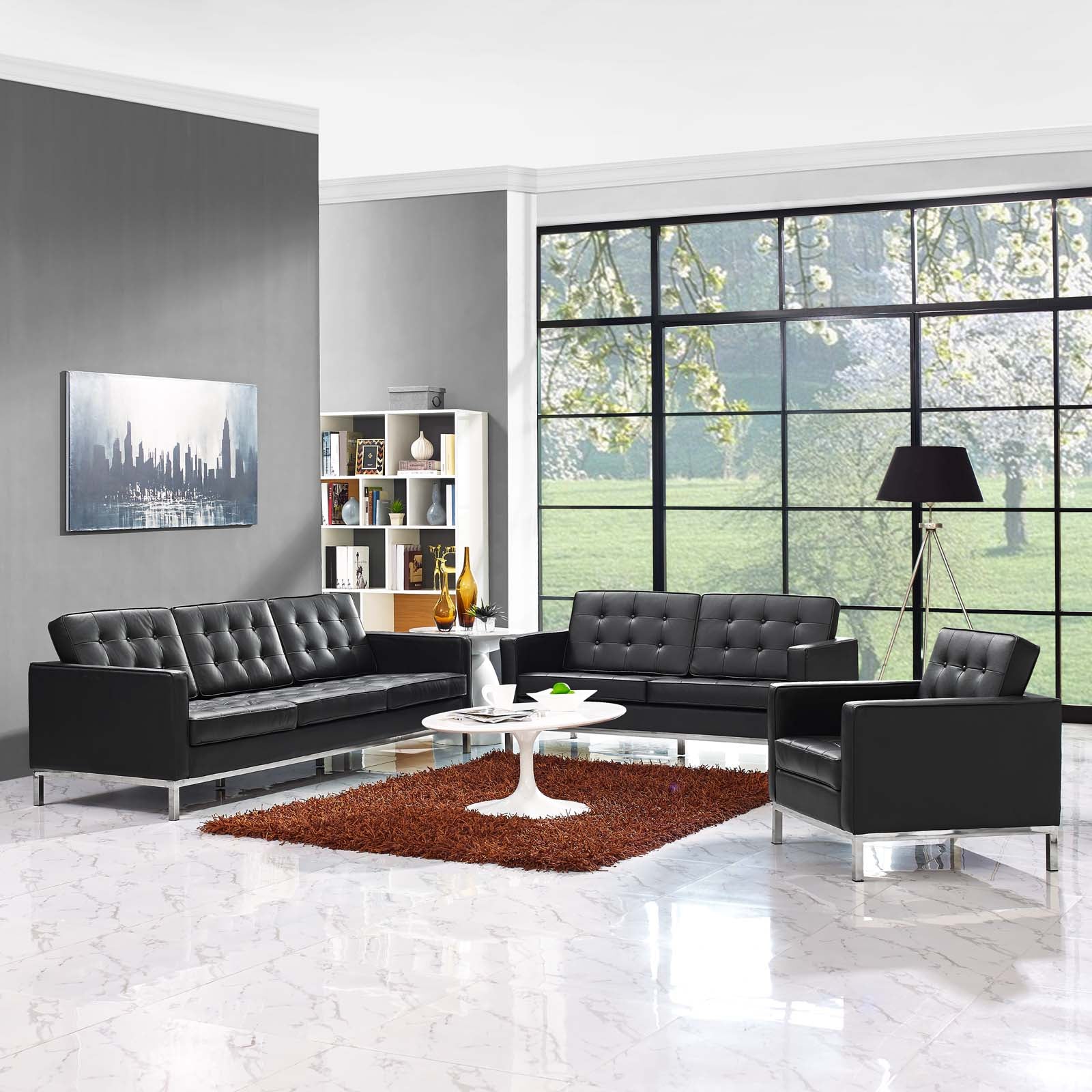 Loft 3 Piece Leather Sofa Loveseat and Armchair Set in Black