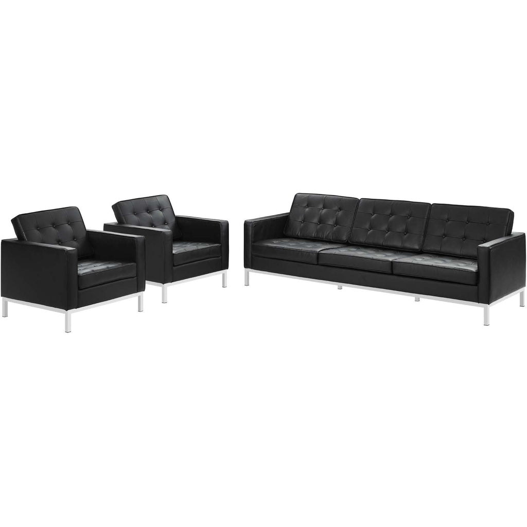 Loft 3 Piece Leather Sofa and Armchair Set in Black