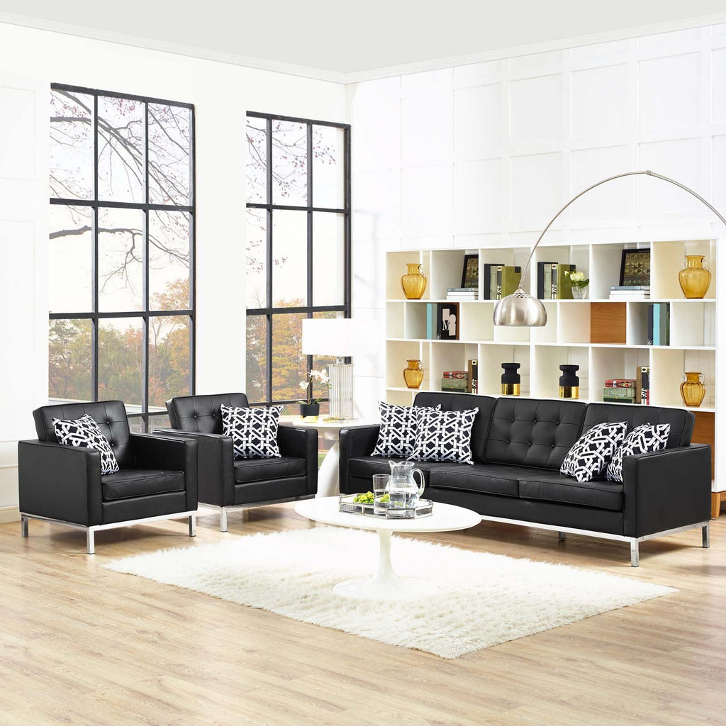 Loft 3 Piece Leather Sofa and Armchair Set in Black