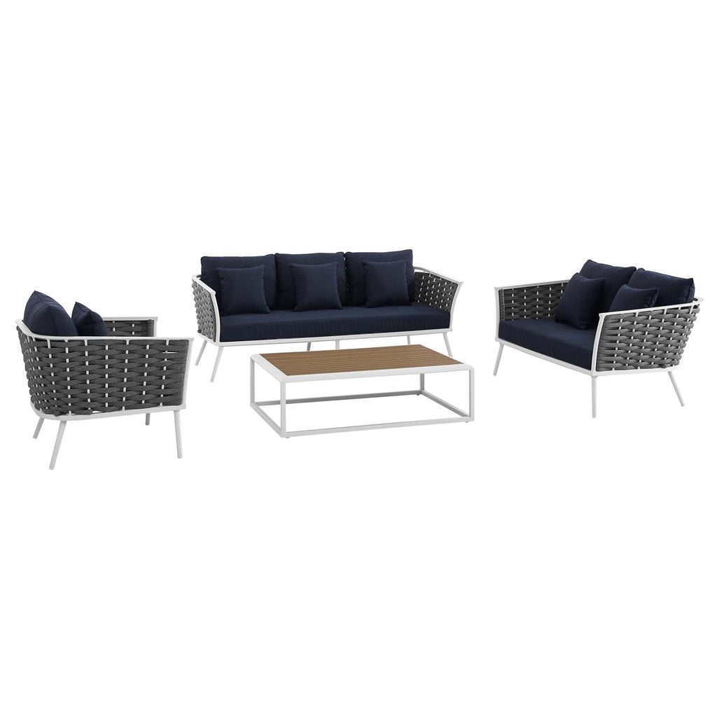 Stance 4 Piece Outdoor Patio Aluminum Sectional Sofa Set in White Navy-3