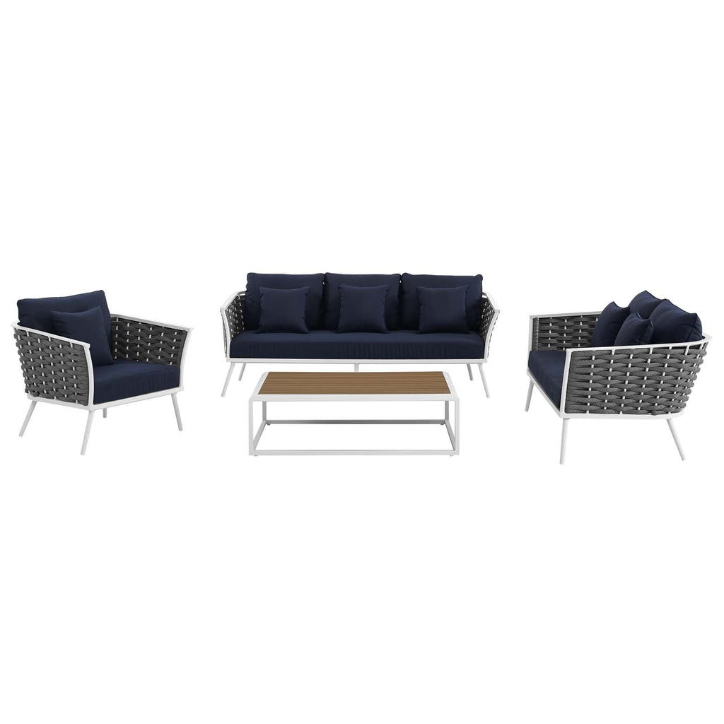 Stance 4 Piece Outdoor Patio Aluminum Sectional Sofa Set in White Navy-3