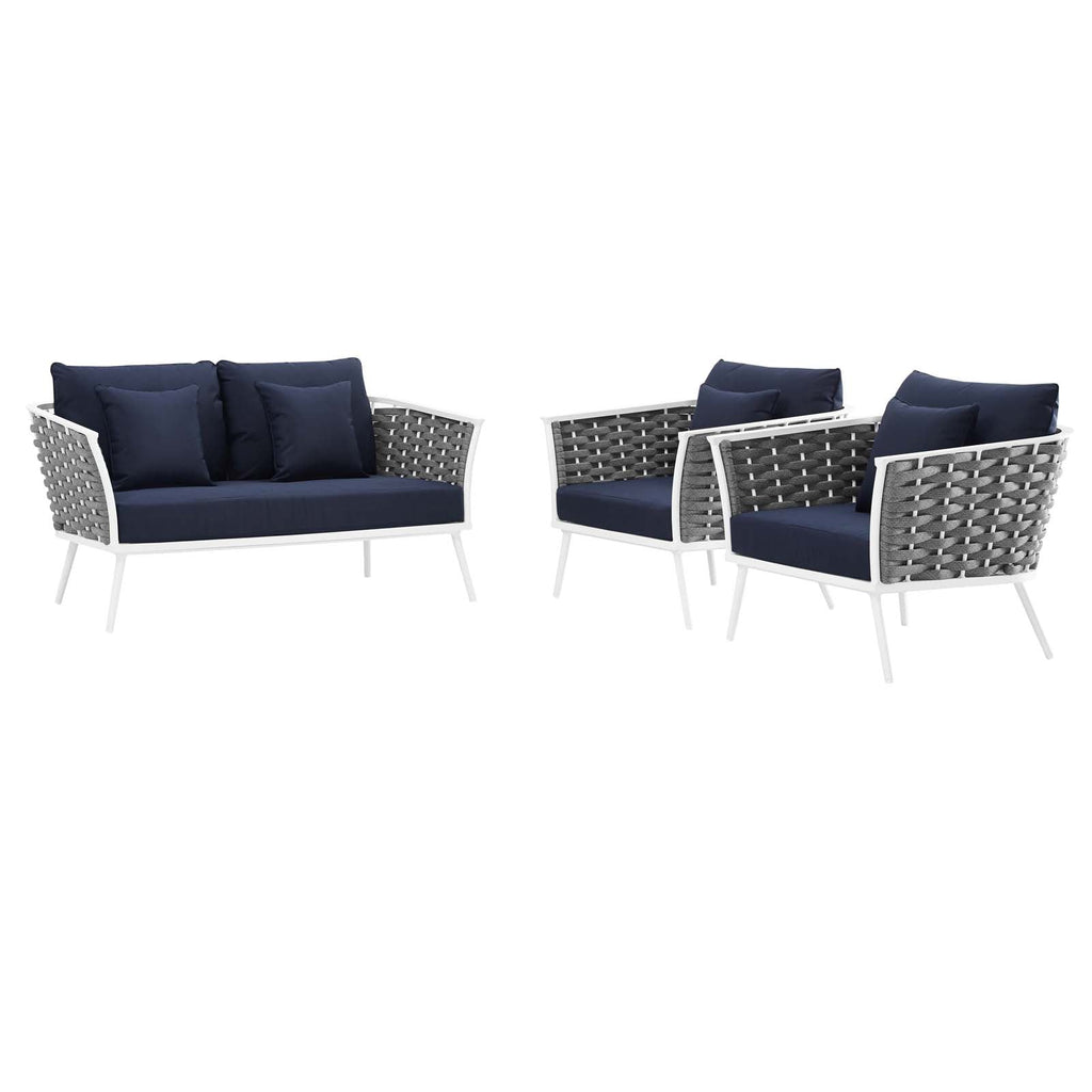 Stance 3 Piece Outdoor Patio Aluminum Sectional Sofa Set in White Navy-2