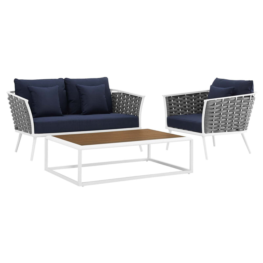 Stance 3 Piece Outdoor Patio Aluminum Sectional Sofa Set in White Navy-1