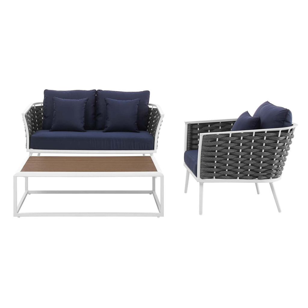 Stance 3 Piece Outdoor Patio Aluminum Sectional Sofa Set in White Navy-1